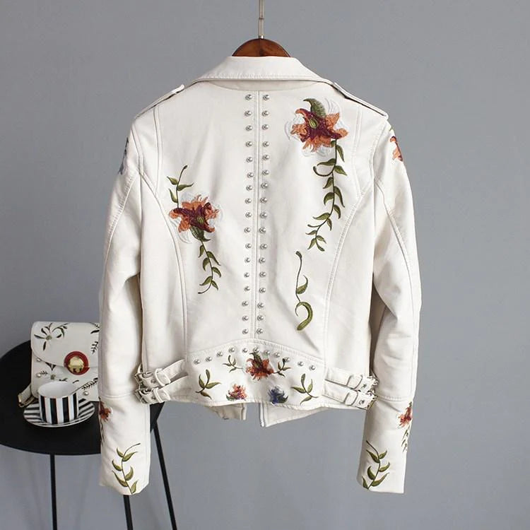 Tinsley | Embroidered Moto Faux Leather Jacket