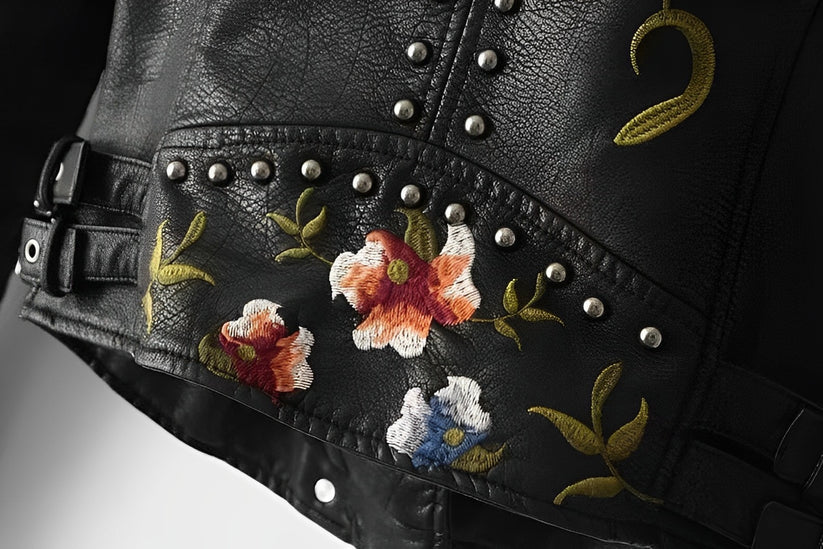 Tinsley | Embroidered Moto Faux Leather Jacket