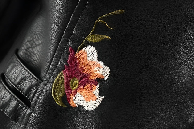 Tinsley | Embroidered Moto Faux Leather Jacket