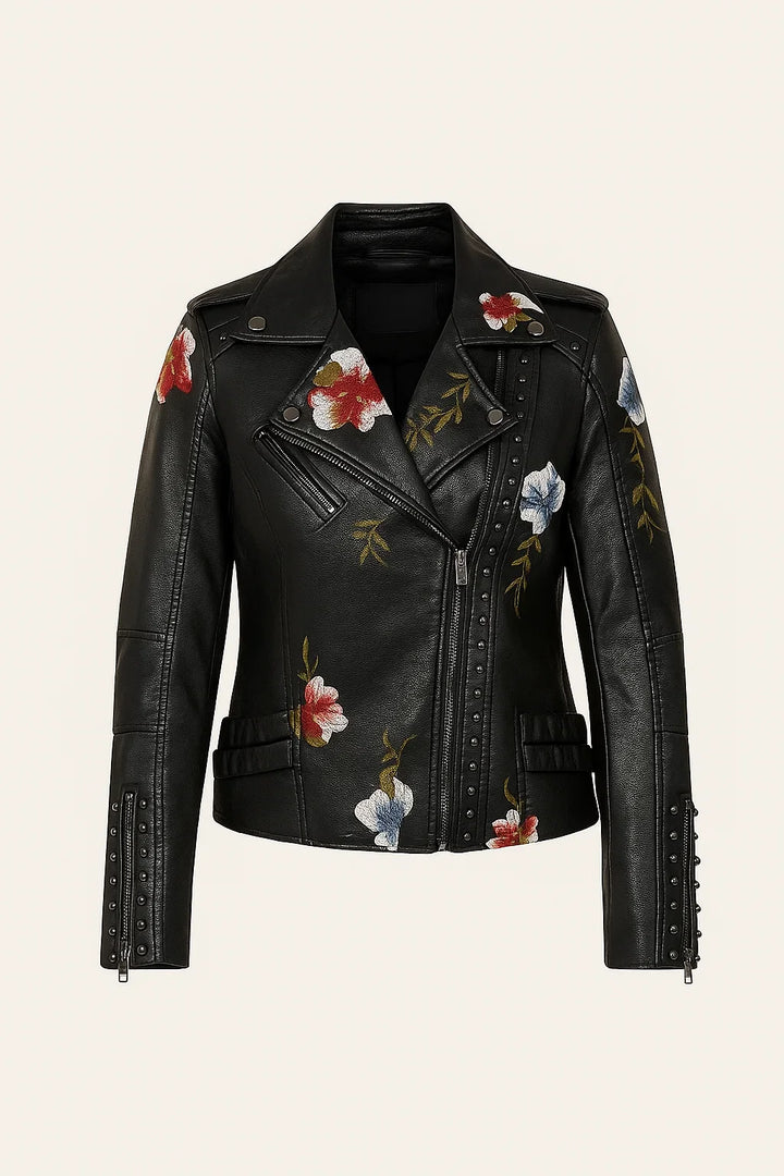 Tinsley | Embroidered Moto Faux Leather Jacket