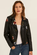 Tinsley | Embroidered Moto Faux Leather Jacket
