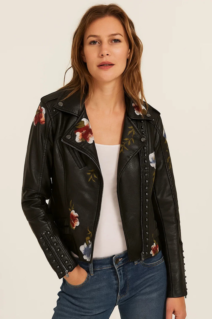 Tinsley | Embroidered Moto Faux Leather Jacket