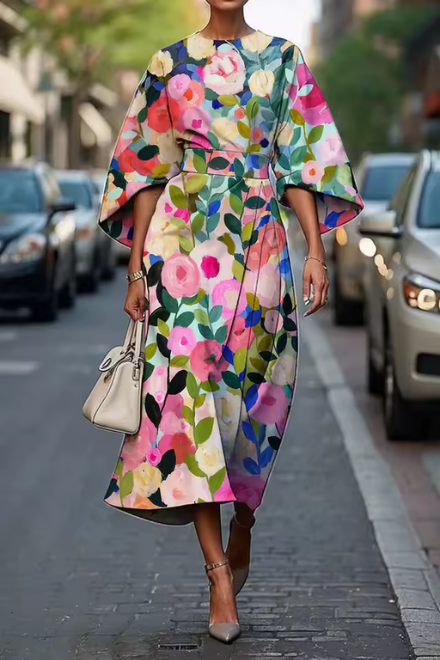 Woman wearing pink and green floral dress outdoors
