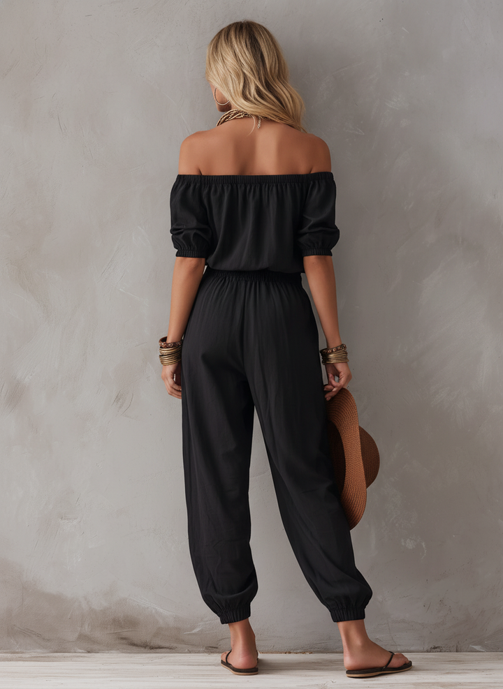 Black off-shoulder sleeveless full-length jumpsuit for women