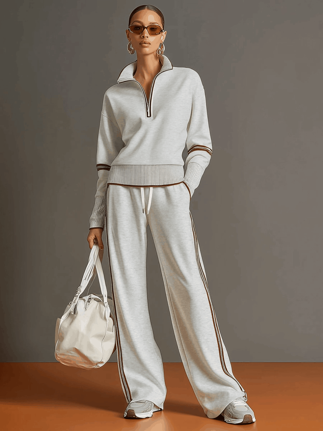Woman wearing relaxed blouse and wide leg pants set