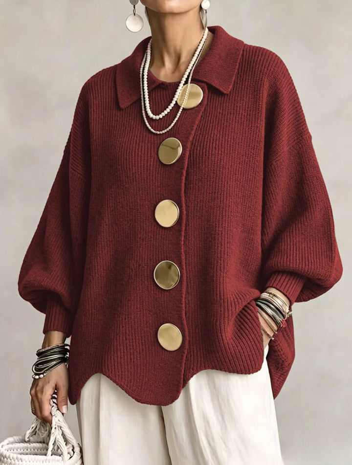 Woman wearing oversized cardigan with lantern sleeves