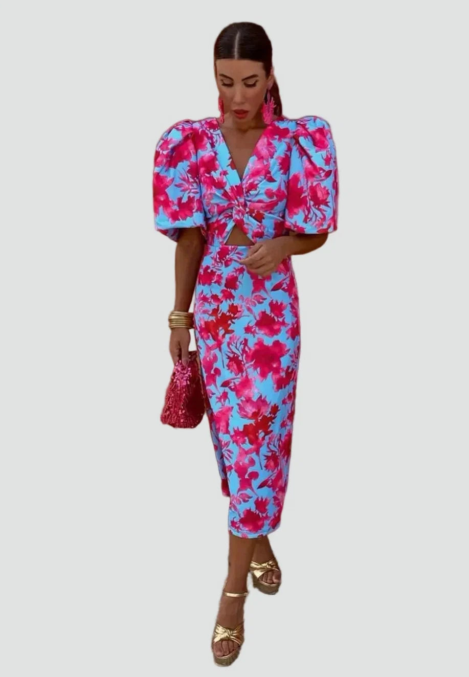 Ava | Floral Puff Sleeve Midi Dress