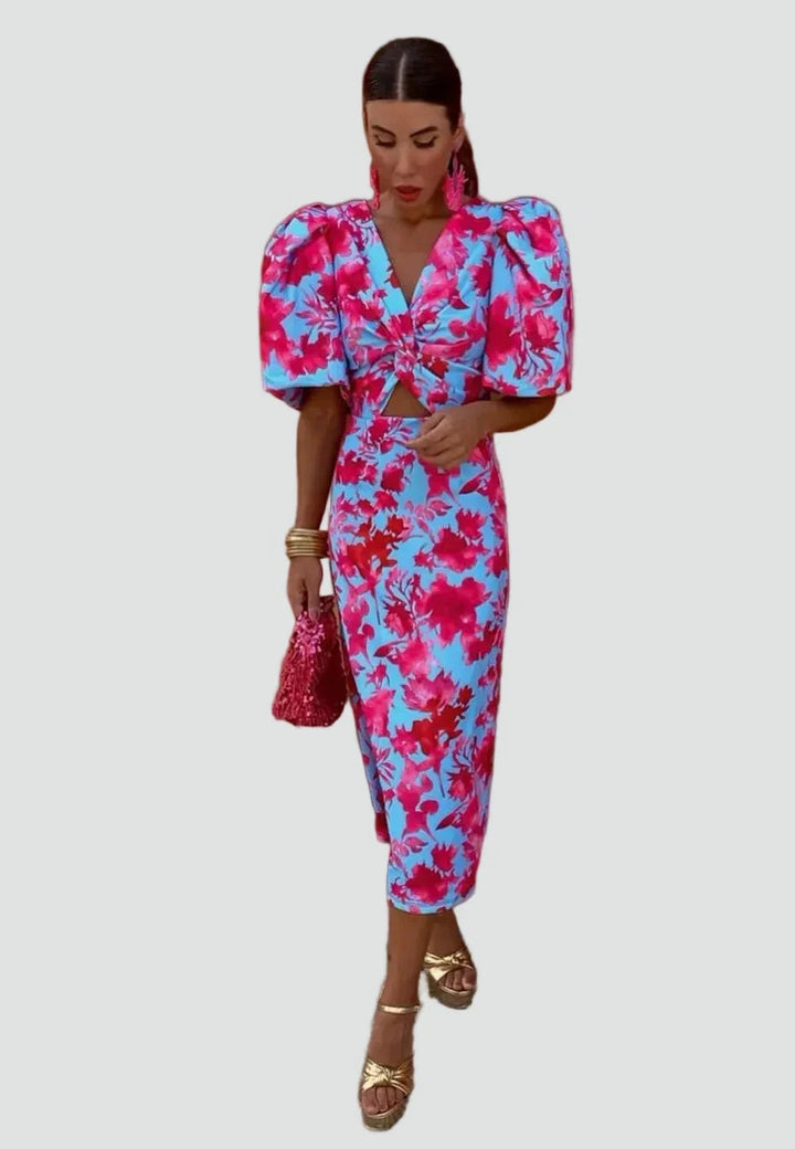 Ava | Floral Puff Sleeve Midi Dress
