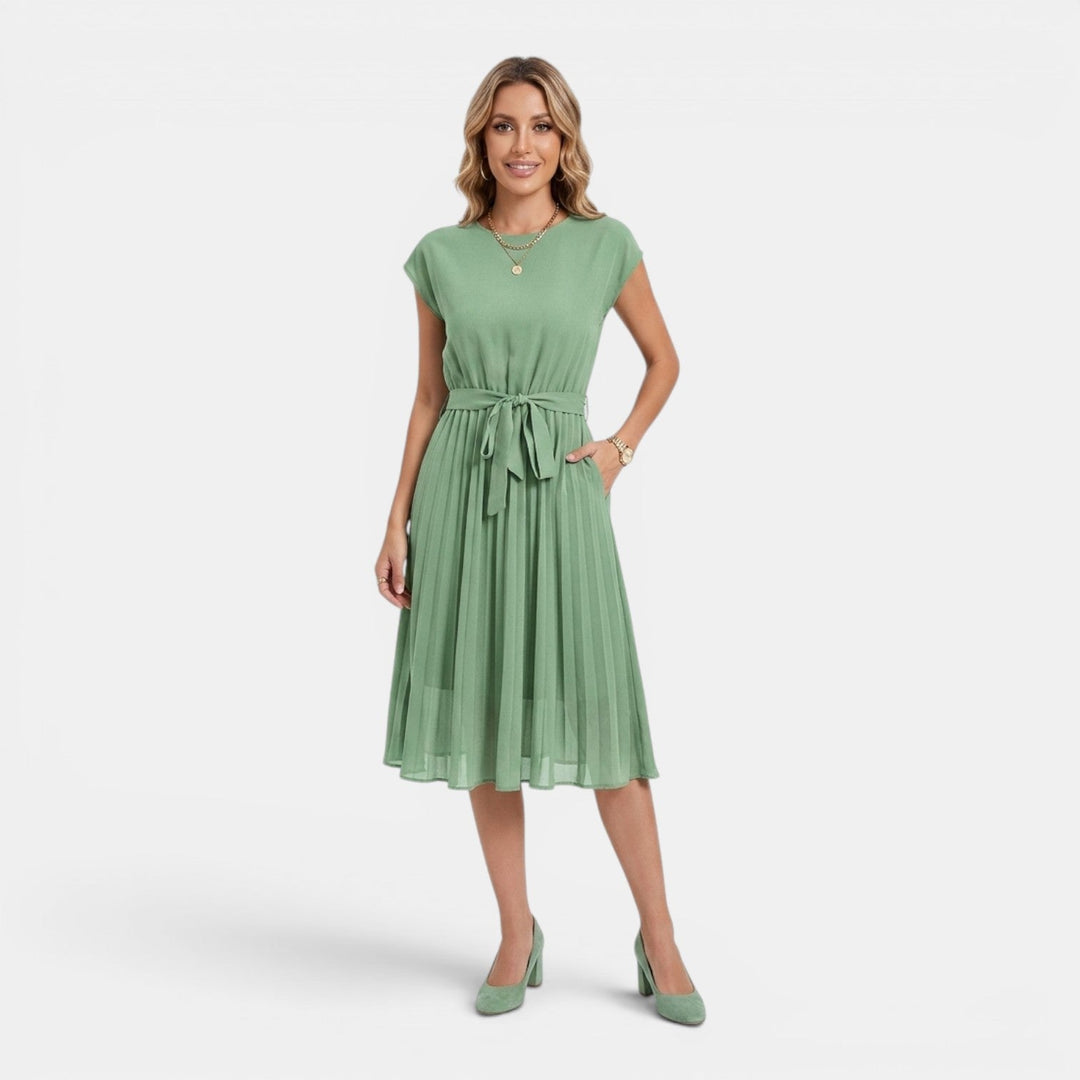 Elena | Pleated Waist-Tie Midi Dress
