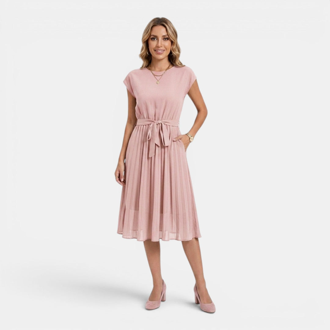 Elena | Pleated Waist-Tie Midi Dress