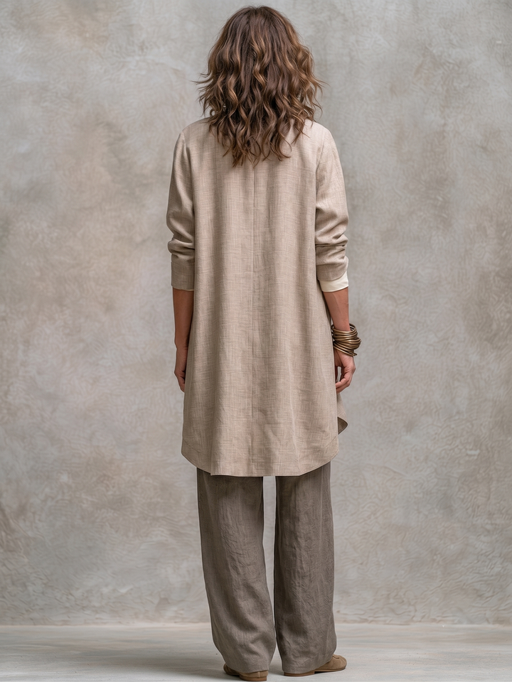 Woman wearing taupe three-piece wide leg pant set