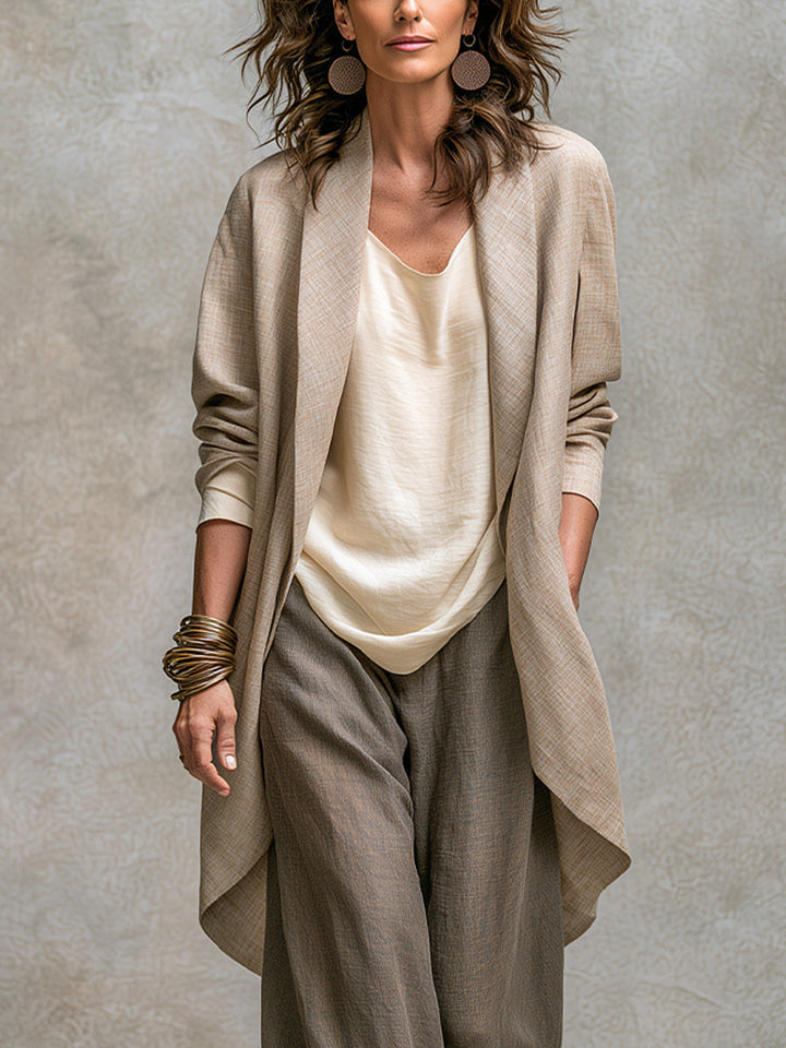 Woman wearing taupe three-piece wide leg pant set