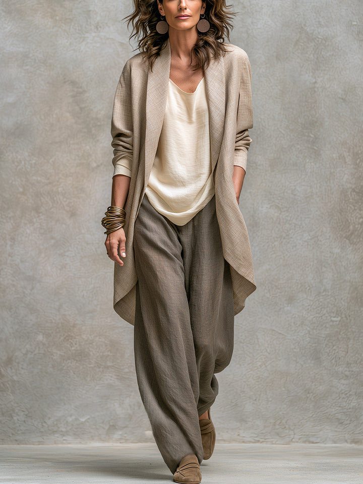Woman wearing taupe three-piece wide leg pant set