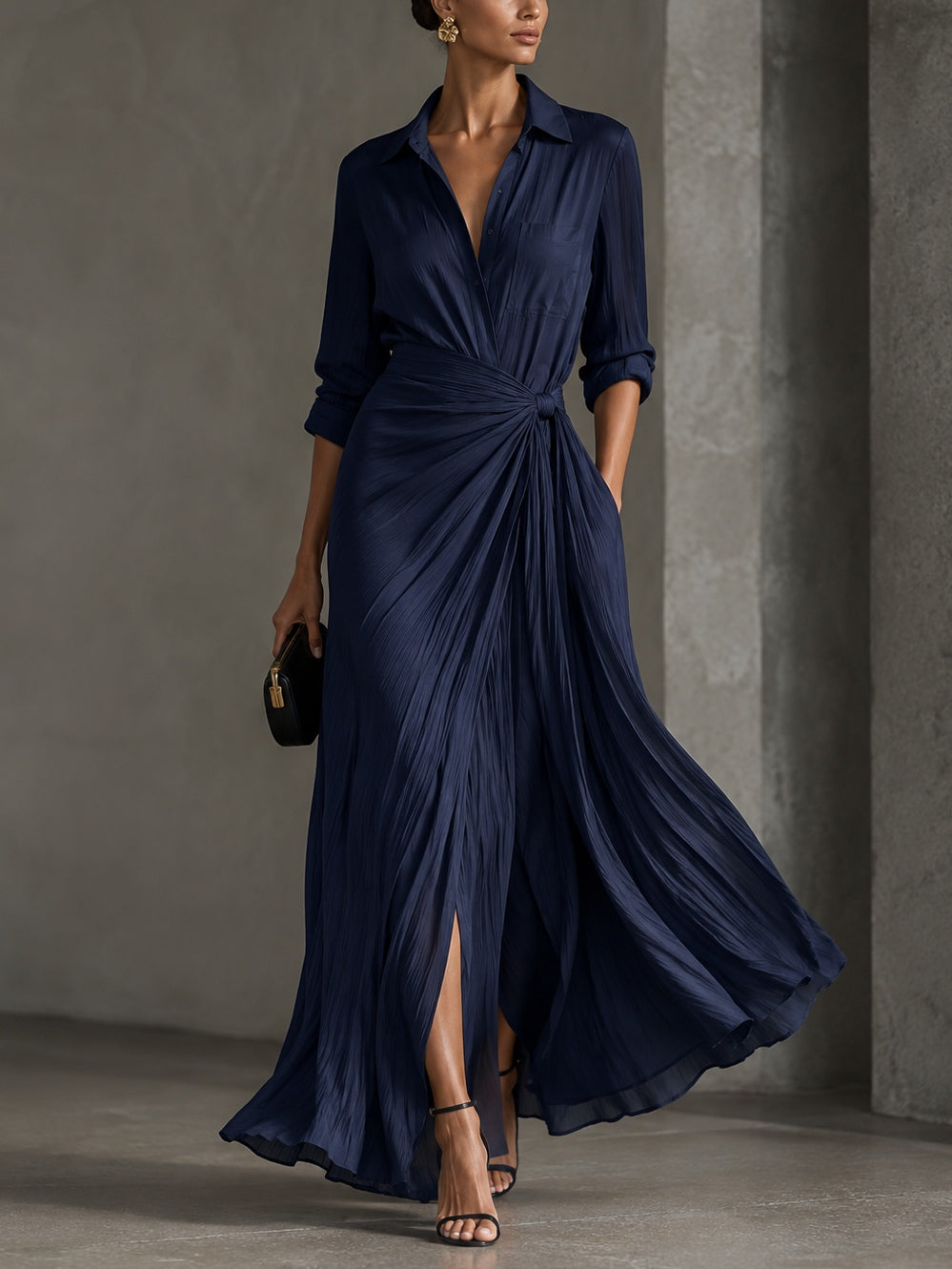 Navy blue maxi dress with V-neck and side slit