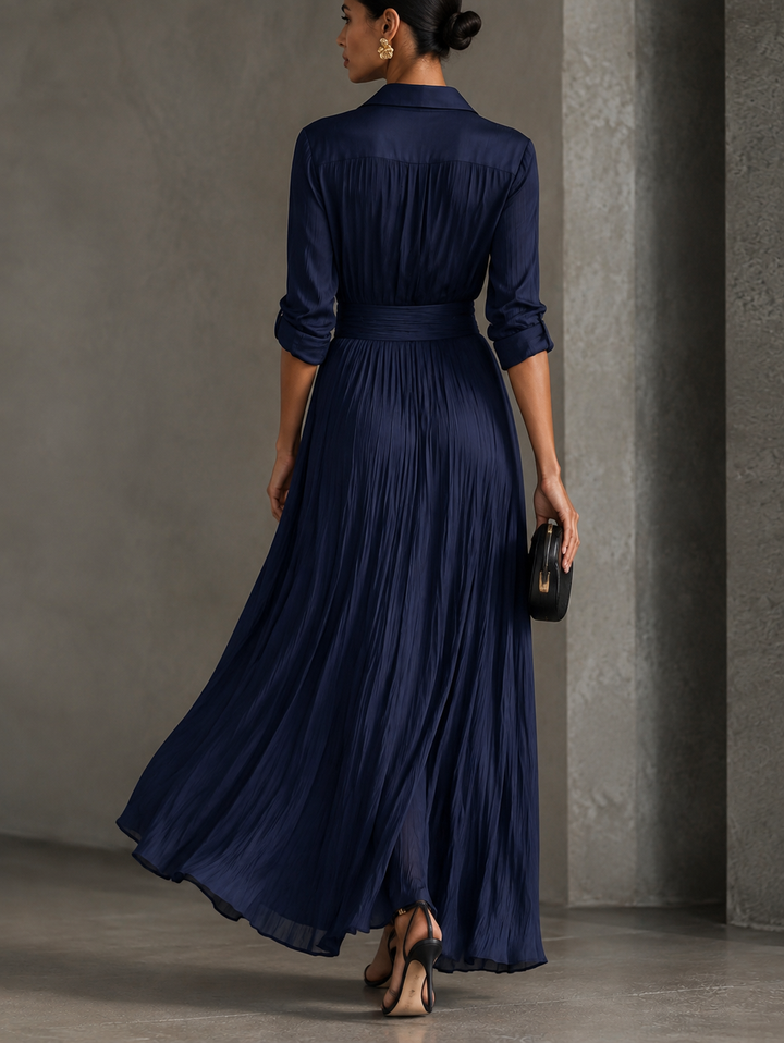 Navy blue maxi dress with V-neck and side slit