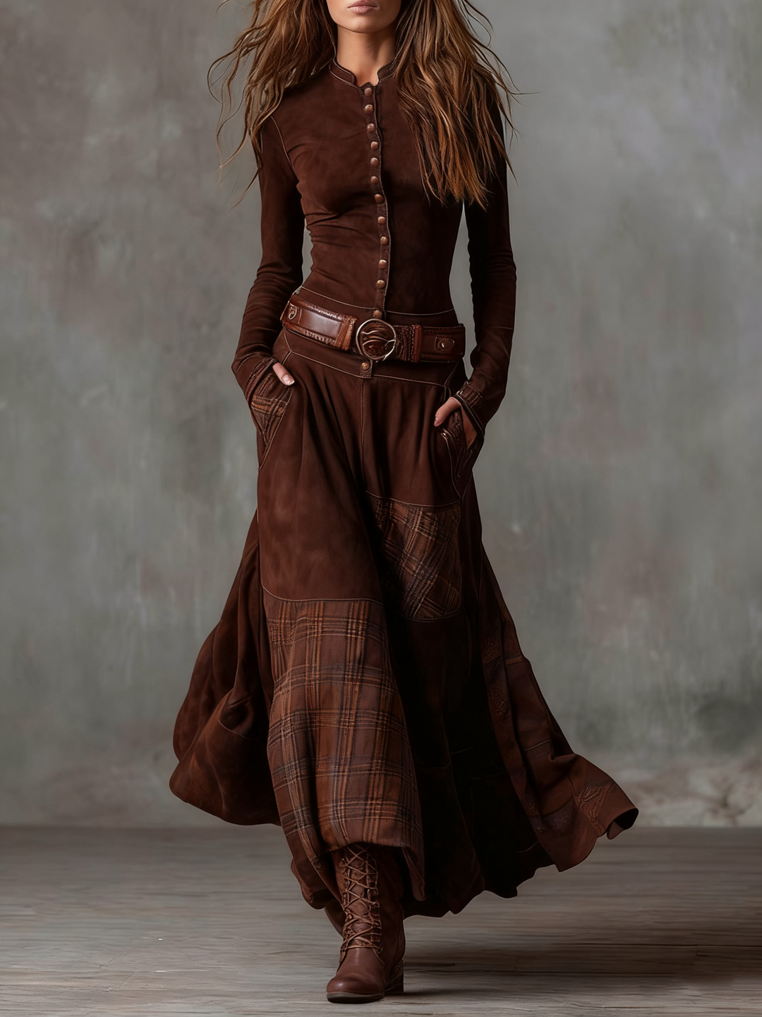 Woman wearing patchwork maxi dress with plaid panels and belt