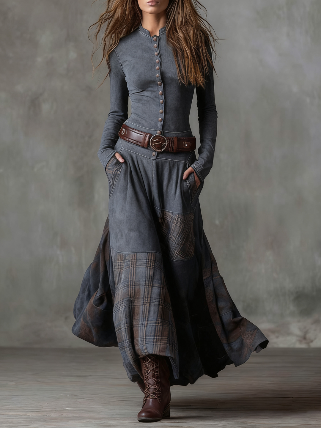 Woman wearing patchwork maxi dress with plaid panels and belt
