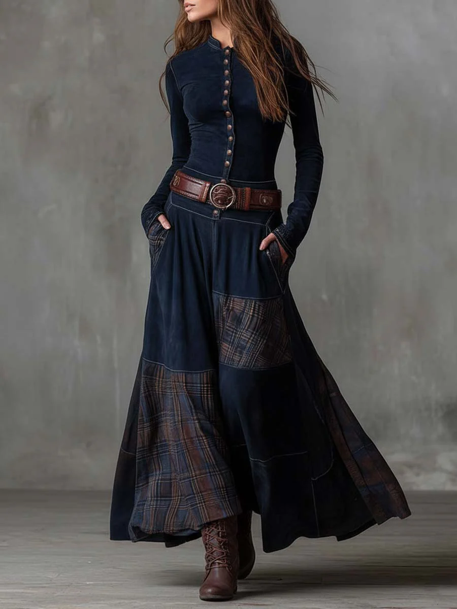 Woman wearing patchwork maxi dress with plaid panels and belt
