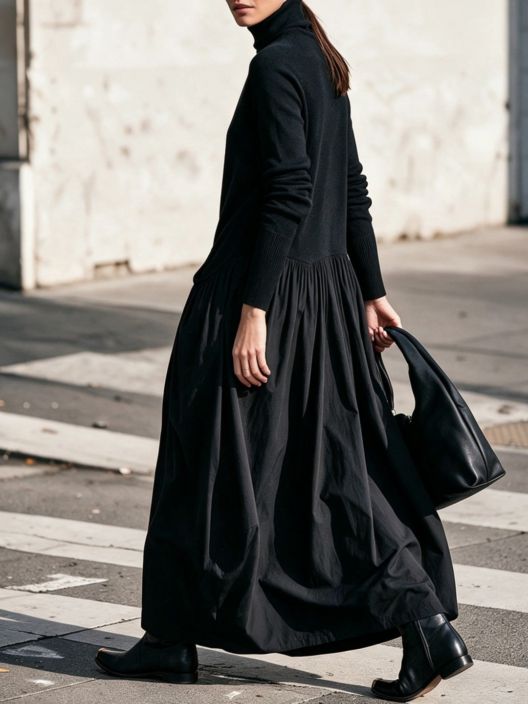 Woman wearing oversized maxi dress with pockets