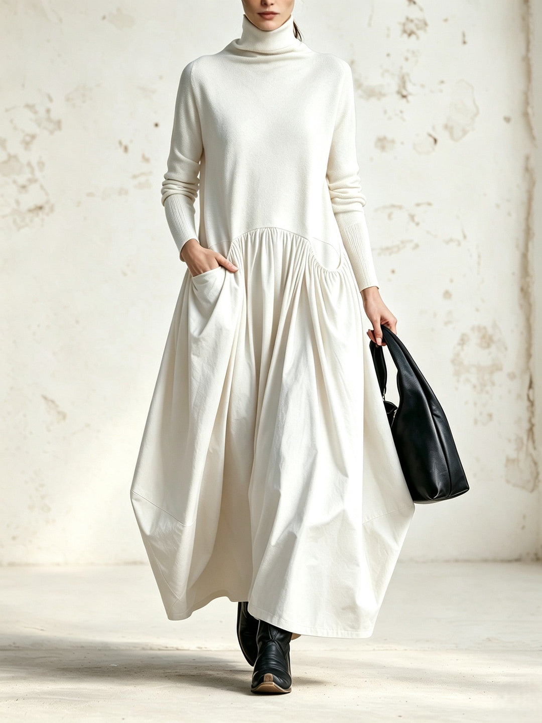 Woman wearing oversized maxi dress with pockets
