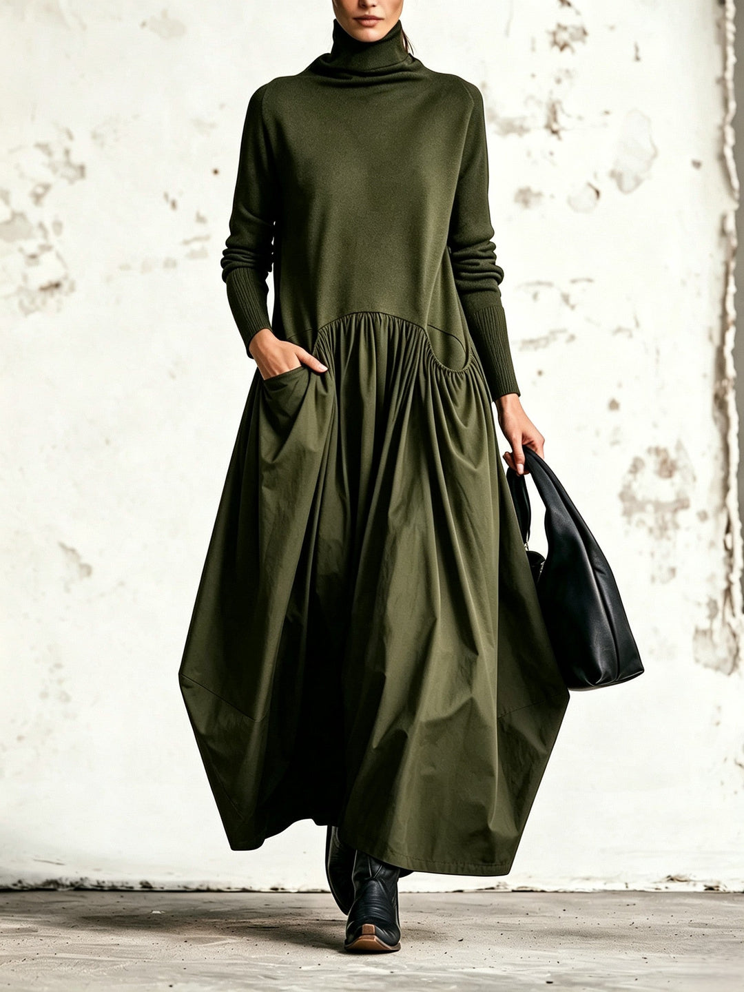 Woman wearing oversized maxi dress with pockets