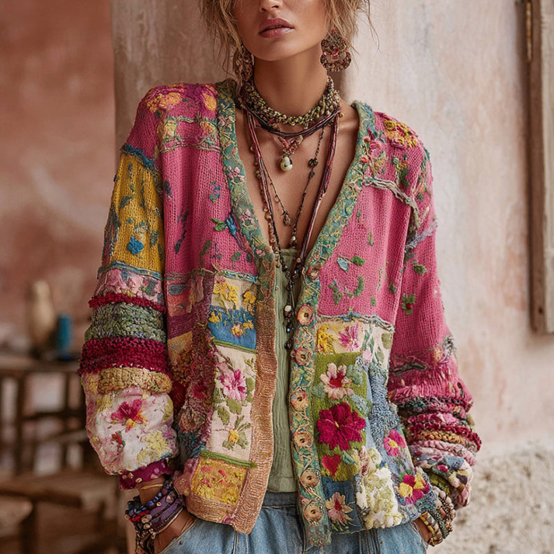 Corinne | Floral patchwork V-neck cardigan