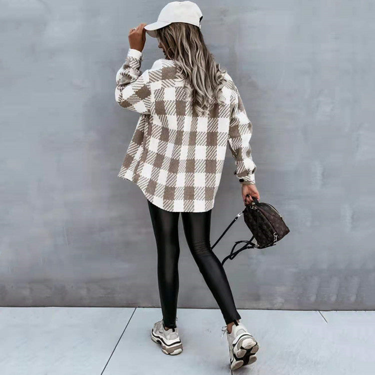 Women's black and white check shirt jacket with long sleeves