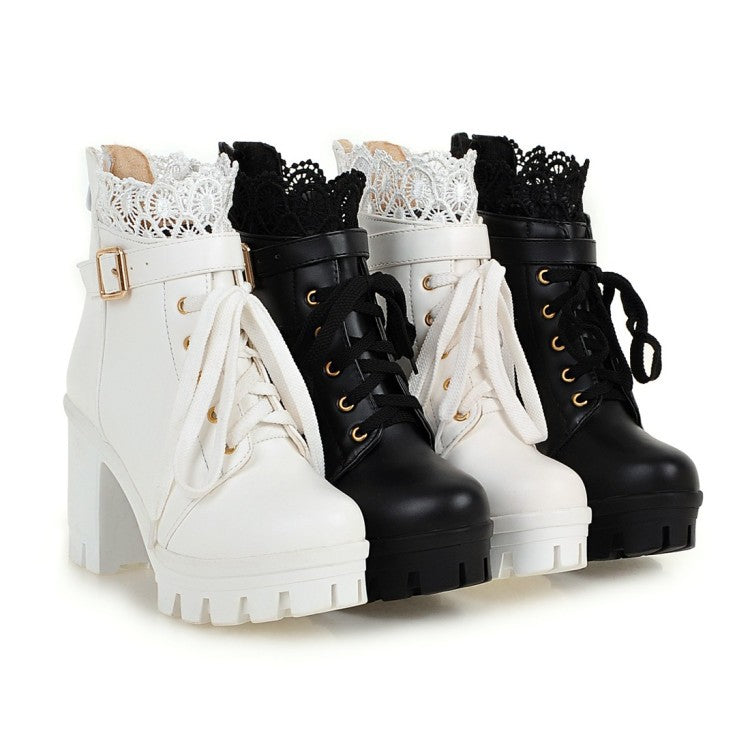 Women's black lace-up square heel ankle boots with side zip