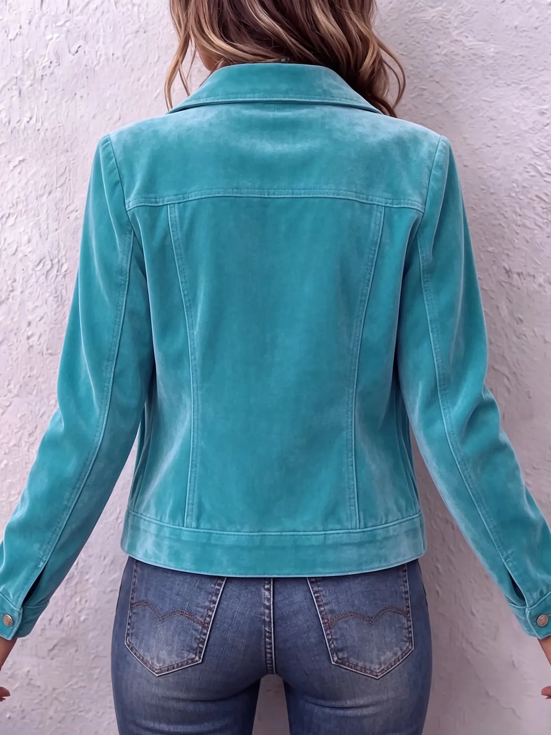 Woman in vintage wash button front jacket with chest pockets