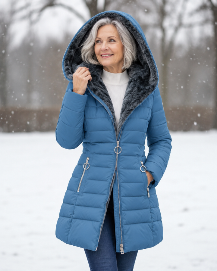 Woman wearing padded winter coat with hood