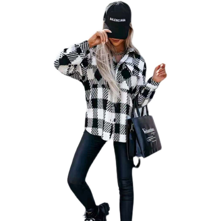Women's black and white check shirt jacket with long sleeves