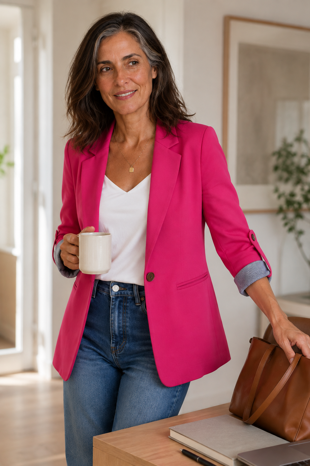 Woman wearing structured lapel blazer cardigan in fall outfit