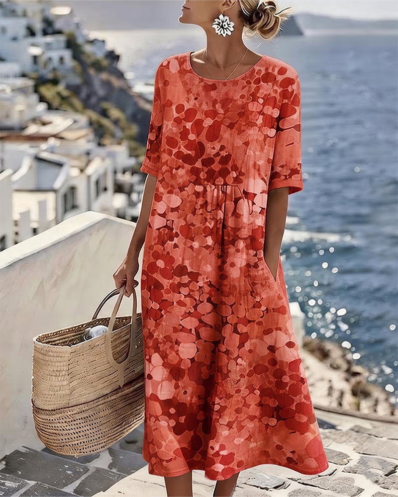 Woman wearing abstract floral print midi dress outdoors