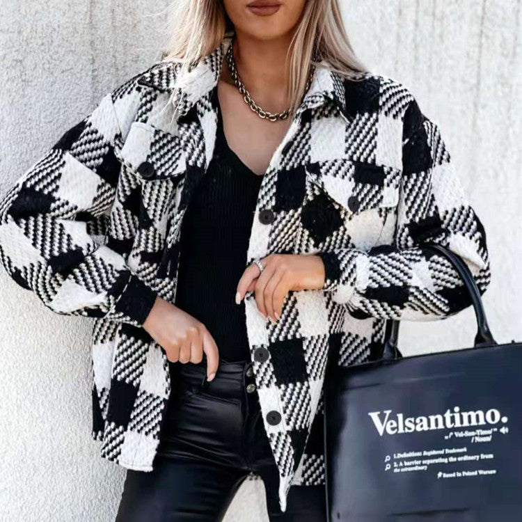 Women's black and white check shirt jacket with long sleeves