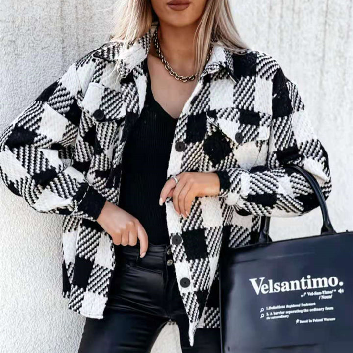 Women's black and white check shirt jacket with long sleeves
