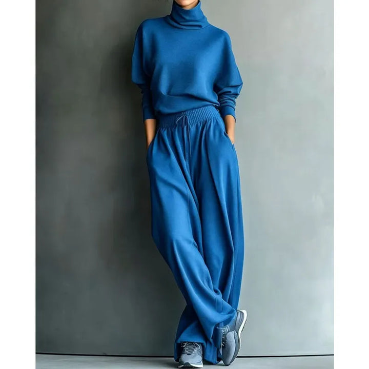 Woman wearing turtleneck two-piece set with wide-leg pants