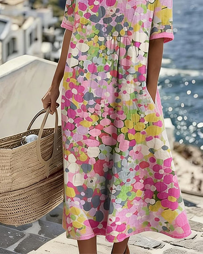 Woman wearing abstract floral print midi dress outdoors