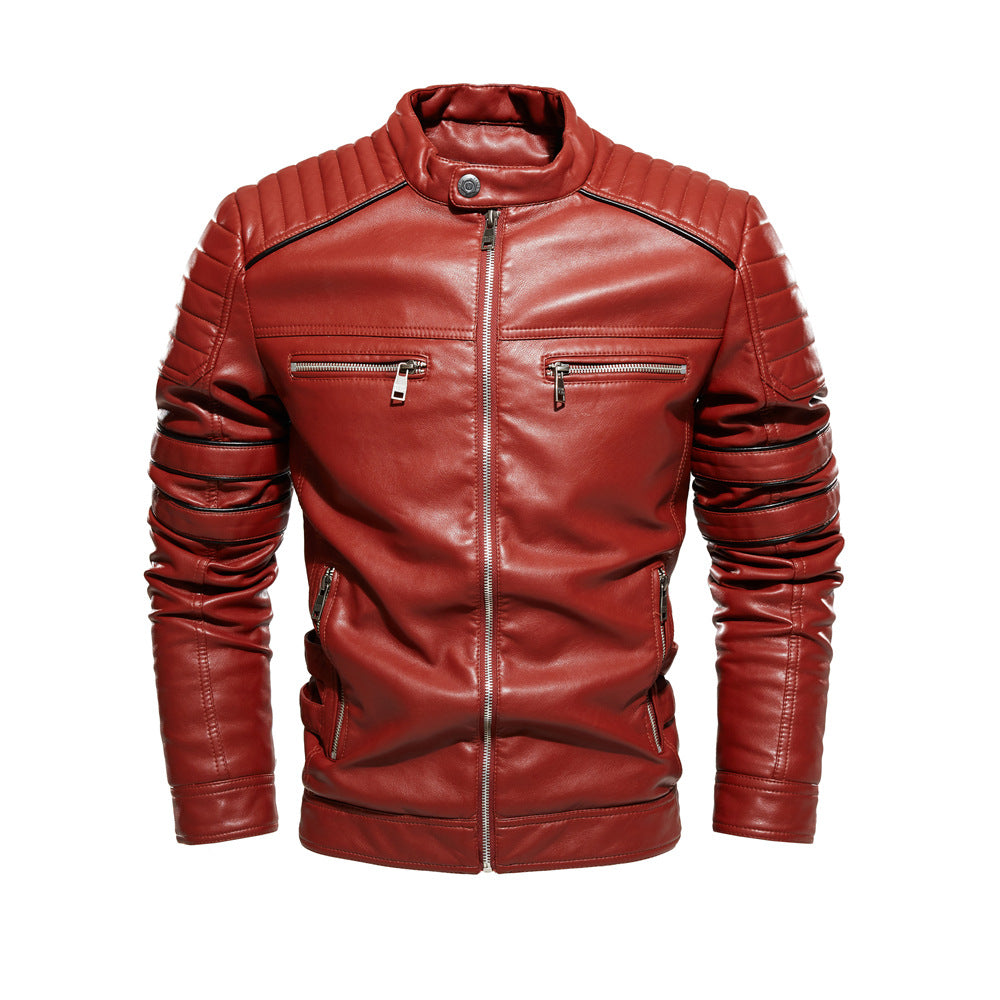 Men's motorcycle jacket with stand-up collar, front view