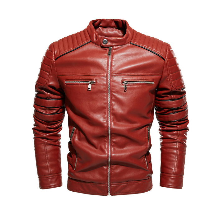 Men's motorcycle jacket with stand-up collar, front view