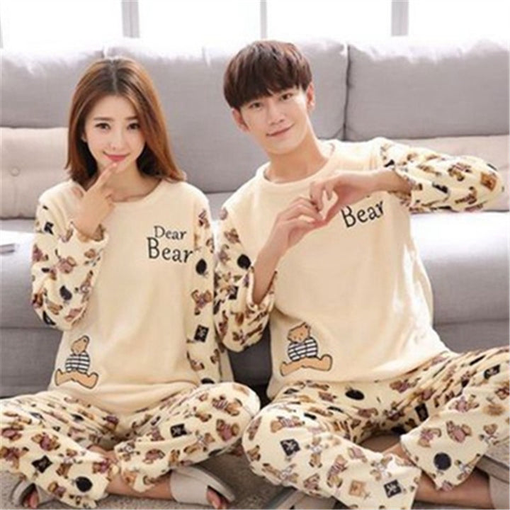 Men's thick flannel pajama set with cartoon prints