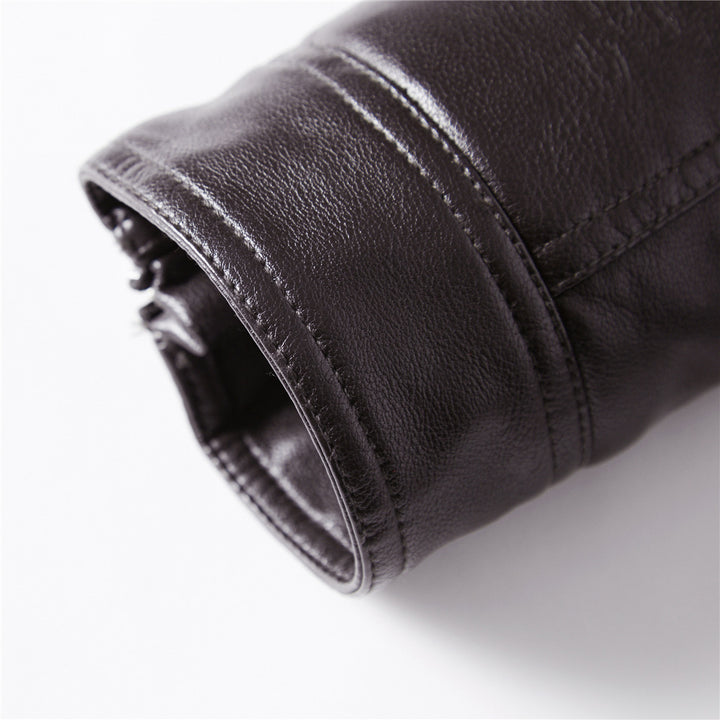 Men's motorcycle jacket with stand-up collar, front view