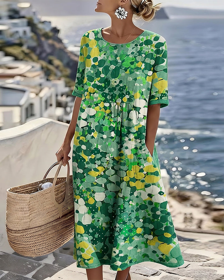 Woman wearing abstract floral print midi dress outdoors