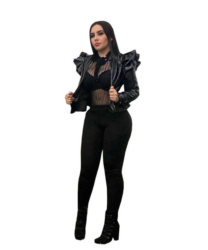 Black leather jacket with ruffle edge for women