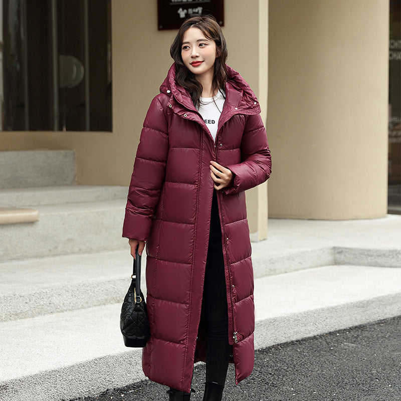 Long hooded down puffer jacket for women in winter