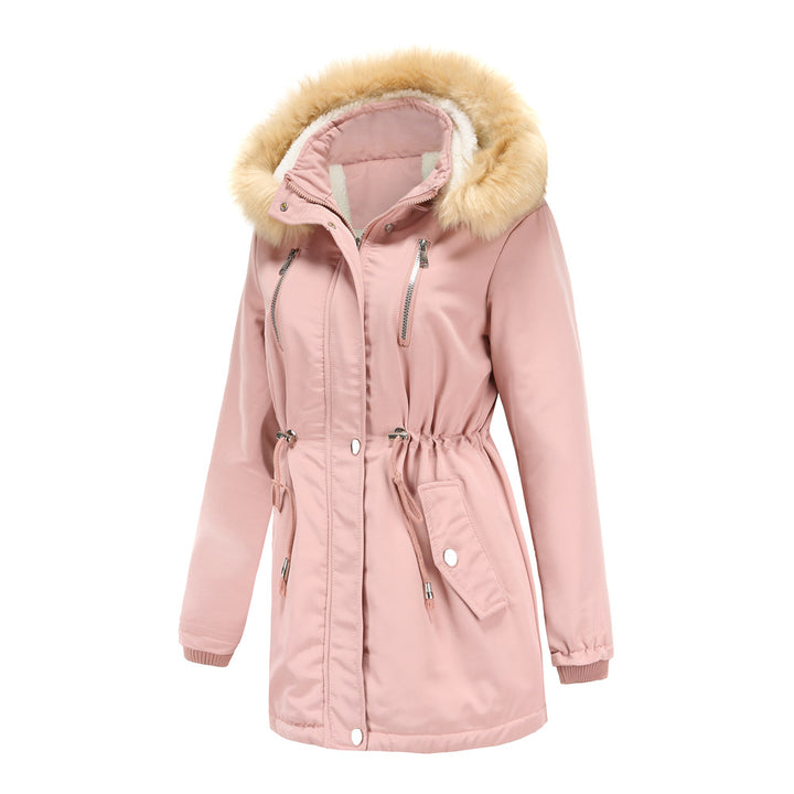 Woman wearing black hooded winter coat with faux wool collar