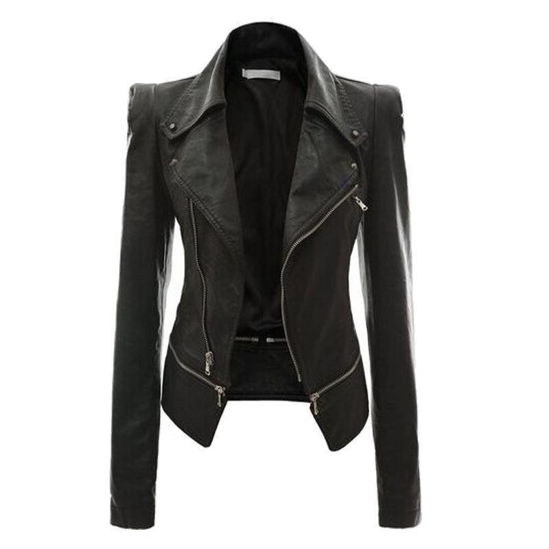 Women's black faux leather motorcycle jacket front view