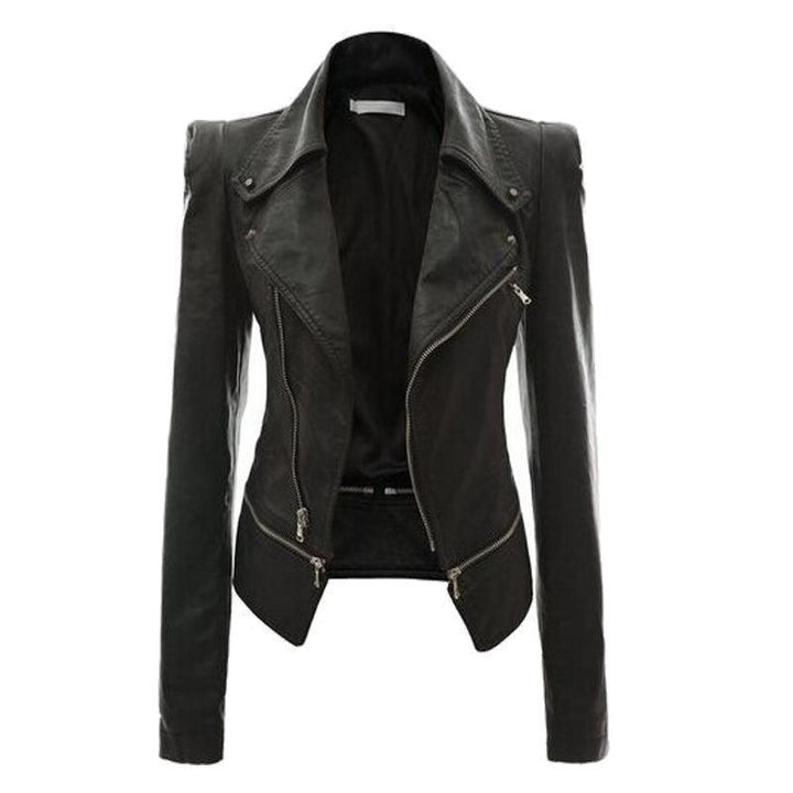 Women's black faux leather motorcycle jacket front view