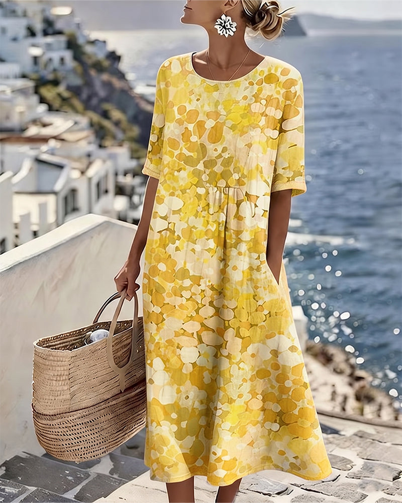 Woman wearing abstract floral print midi dress outdoors