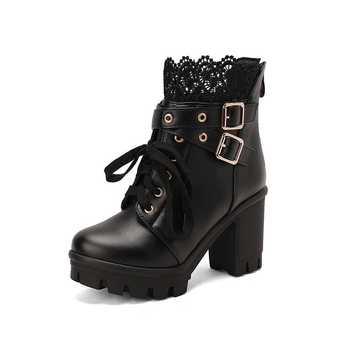 Women's black lace-up square heel ankle boots with side zip