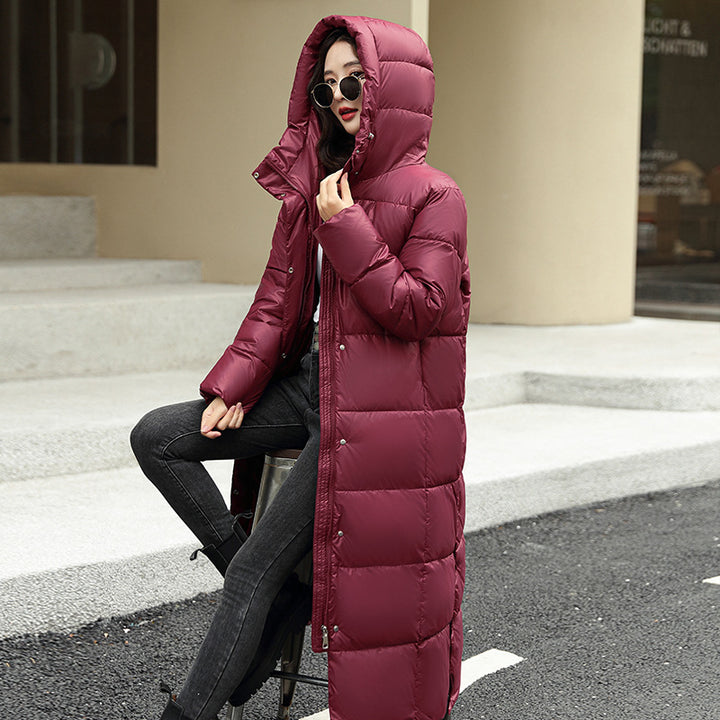 Long hooded down puffer jacket for women in winter